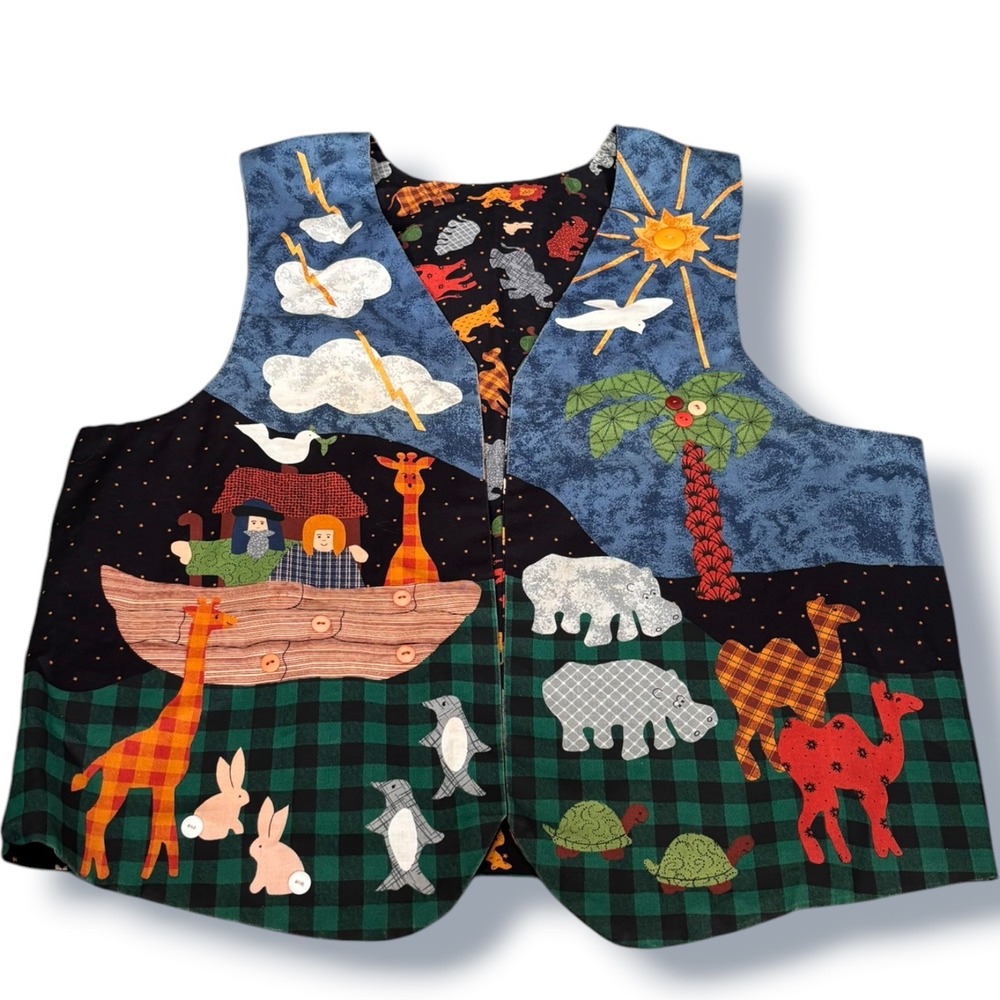 Handmade Vintage Noahs Ark Reversible Vest Folk Art Animals Whimsical 90s Layr
